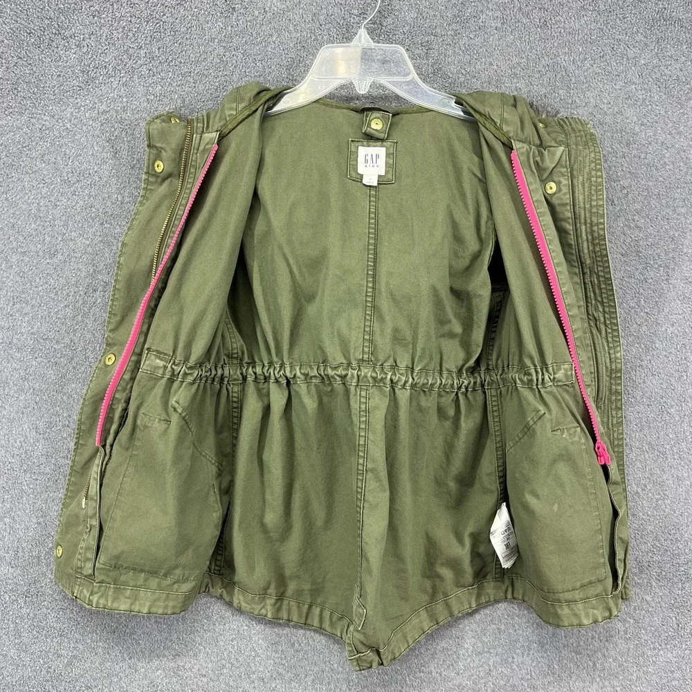 GAP Kids Jacket Girls Small 6-7 Olive Hooded Parka Faux Fur‎ Trim Utility Anorak